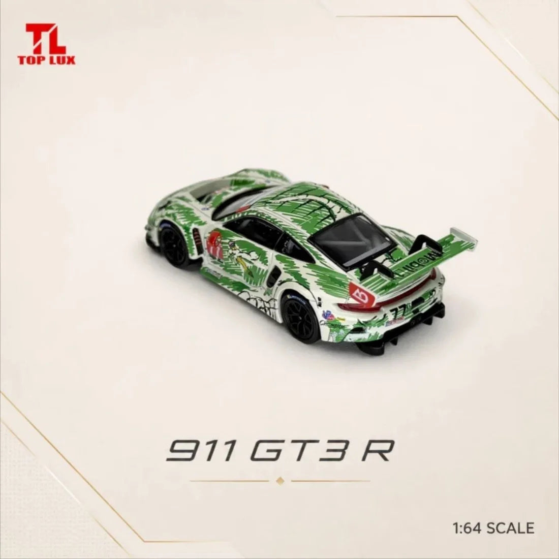 *PRE-ORDER* Porsche diecast 911 GT3 R #77 Livery Jungle Camo, 1:64 Scale (Green) — image 2