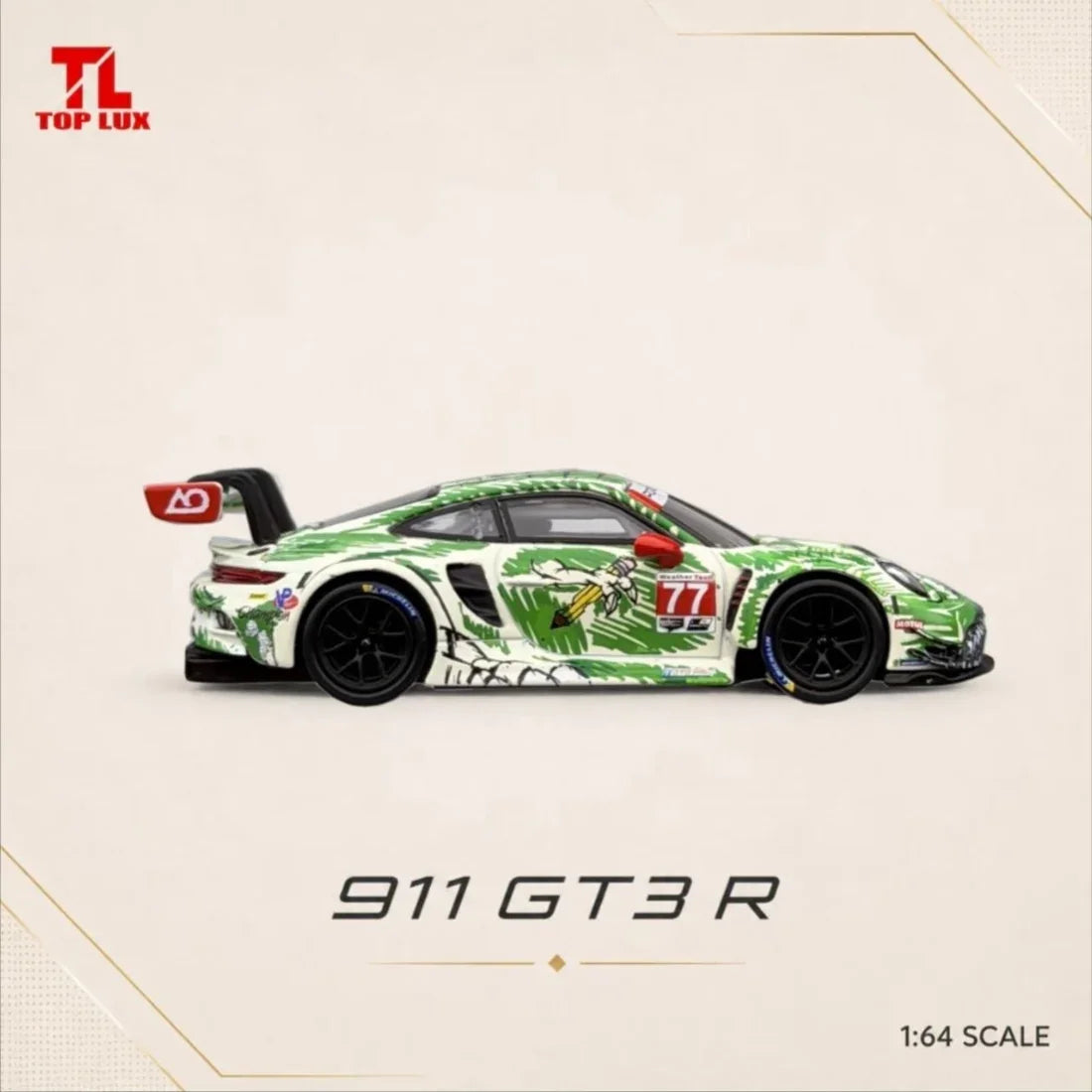 *PRE-ORDER* Porsche diecast 911 GT3 R #77 Livery Jungle Camo, 1:64 Scale (Green) — image 4