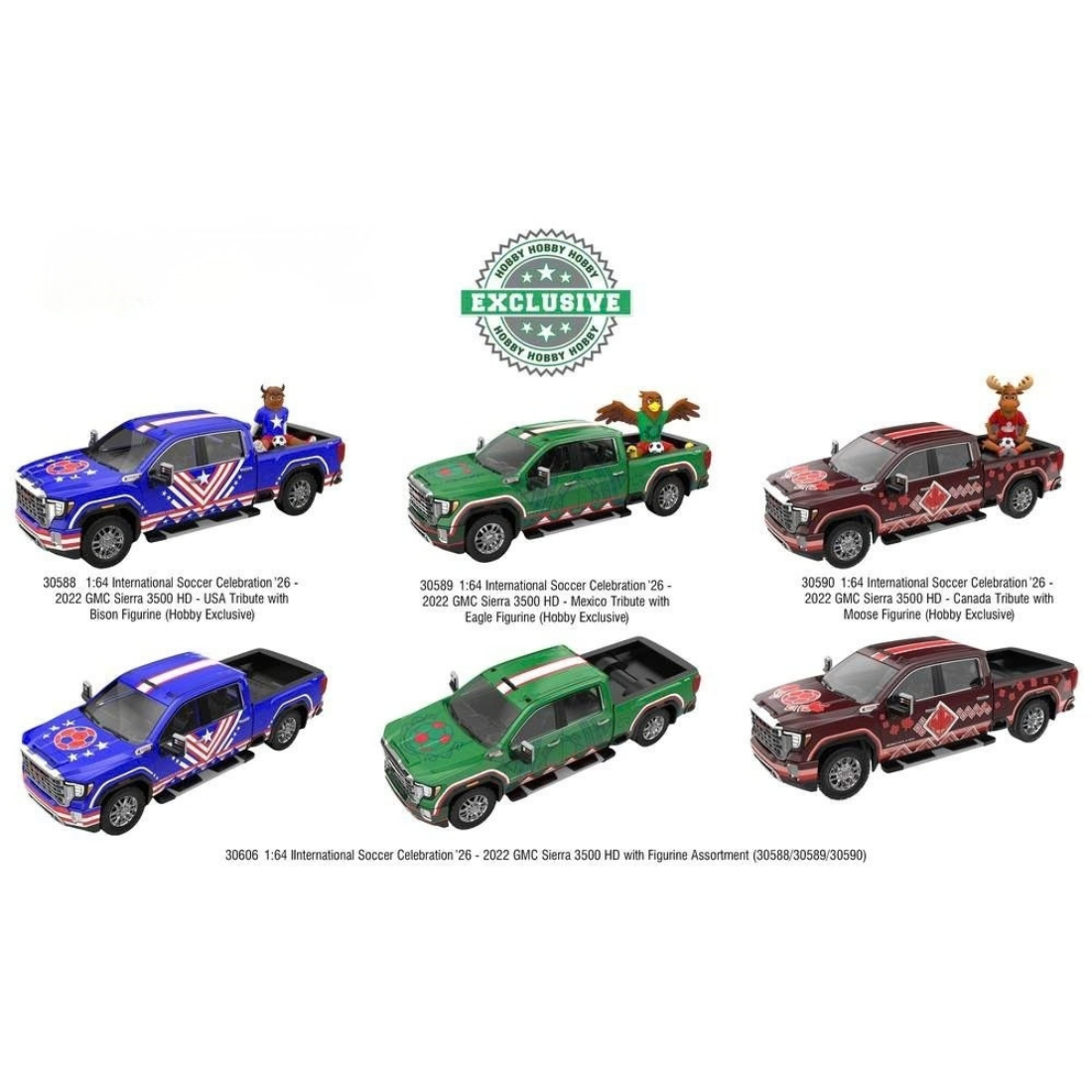 *PRE-ORDER* International Soccer Celebration '26 - 2022 GMC Sierra 3500 HD - USA Tribute with Bison Figurine Assortment (30588/30589/30590), 1:64 Scale — image 1
