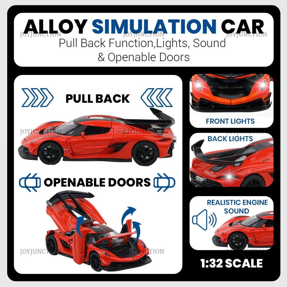 Koenigsegg Jesko Pullback Toy Car - Light, Sound with Openable Doors, 1:32 Scale (Red) — image 3
