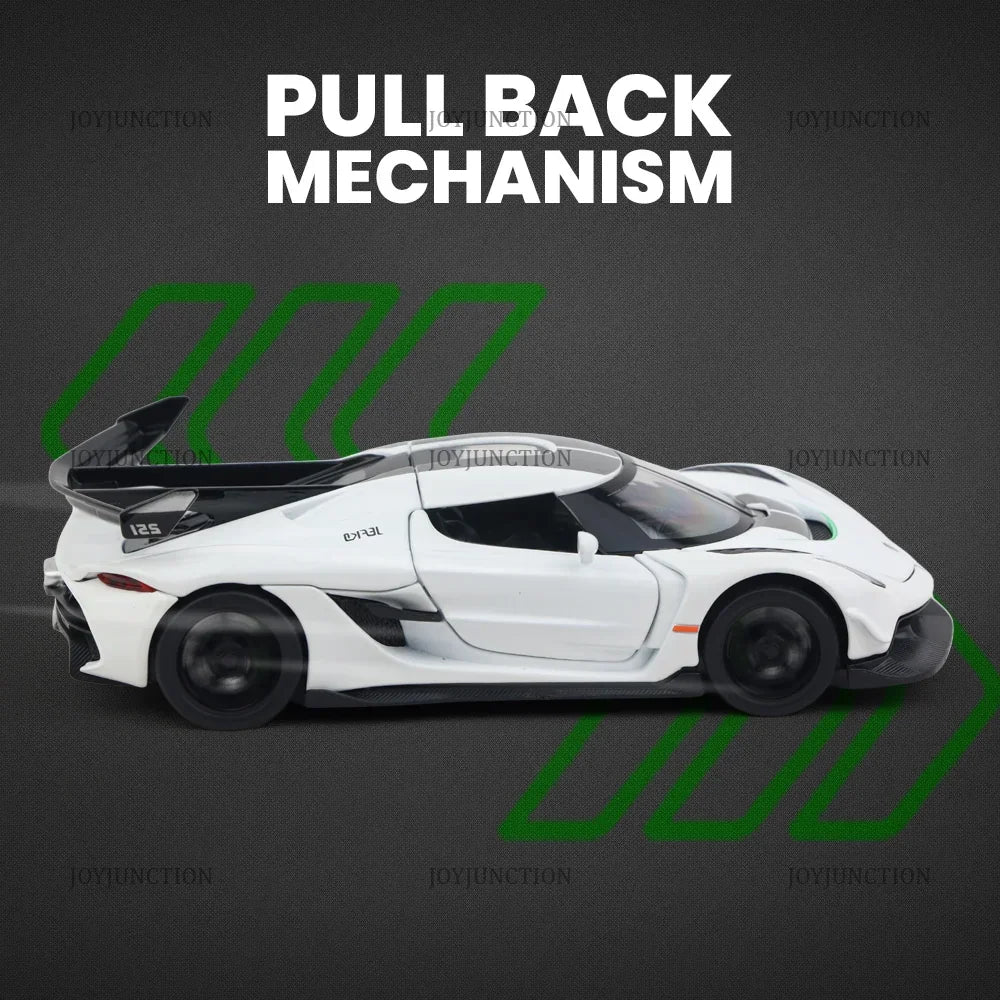 Koenigsegg Jesko Pullback Toy Car - Light, Sound with Openable Doors, 1:32 Scale (White) — image 3