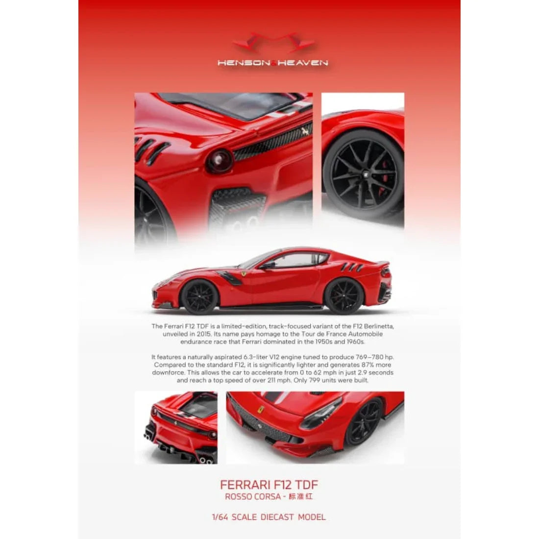 *PRE-ORDER* Ferrari F12 TDF Rosso Corsa with Black Stripe, 1:64 Scale — image 1