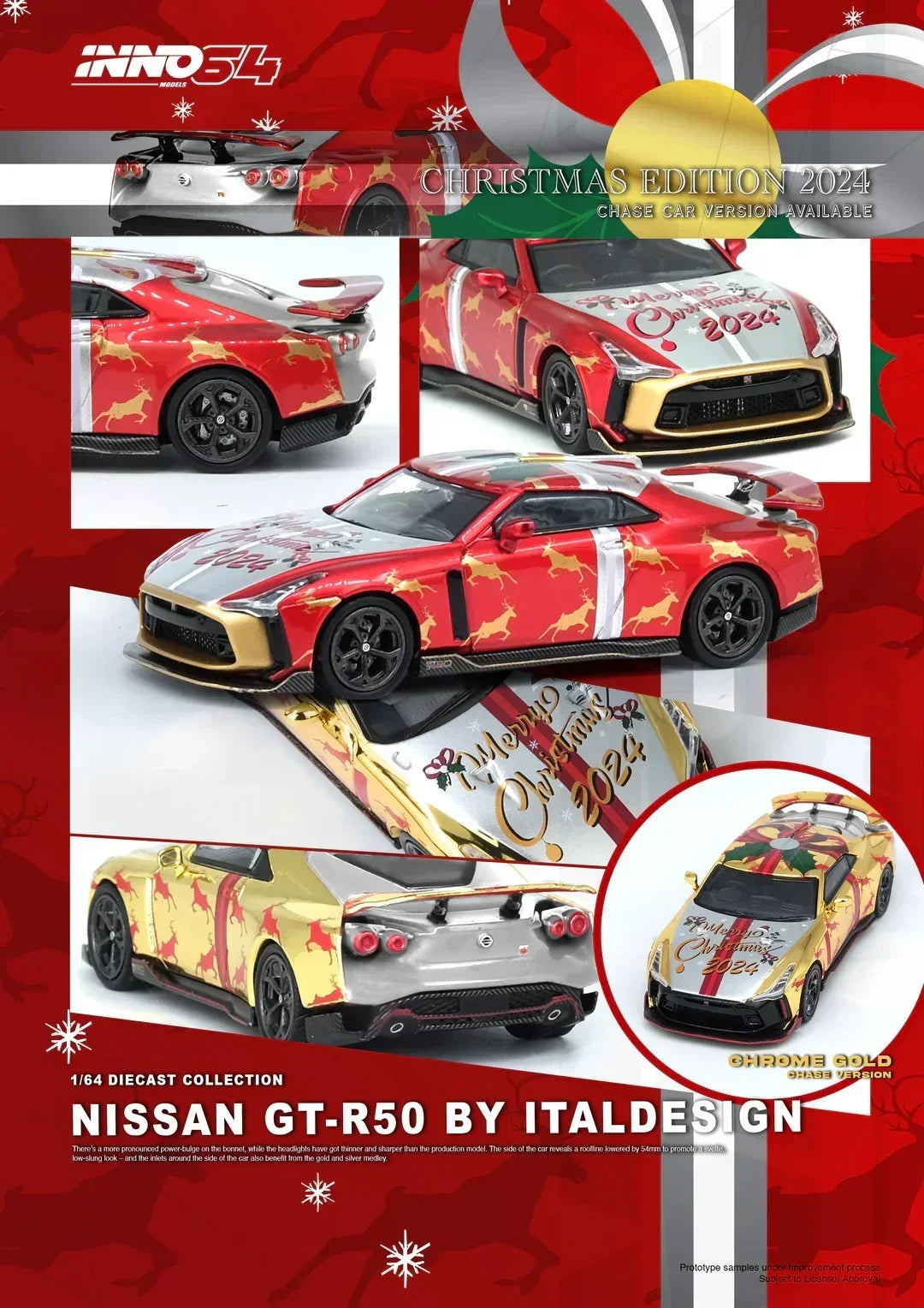 Nissan GT-R50 "X'Mas 2024" Special Edition(Red), Chance of Chase Car(Gold Chrome), 1:64 Scale — image 1