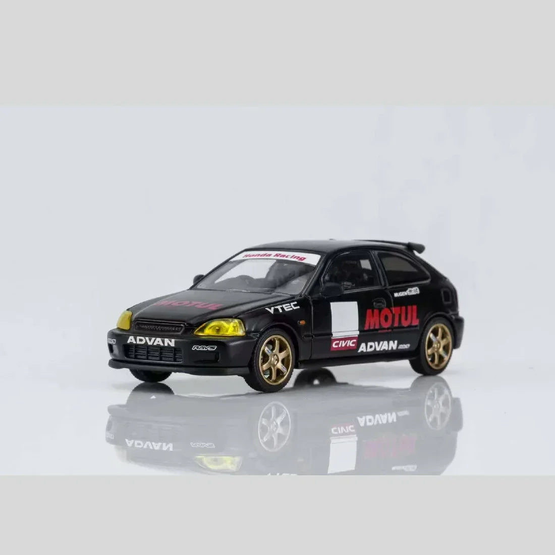 Honda Civic TYPE R (EK9) No Good Racing Motul Magnetic Engine Hood-Removable (Matt Black with Yellow Head Lights), 1:64 Scale — image 1