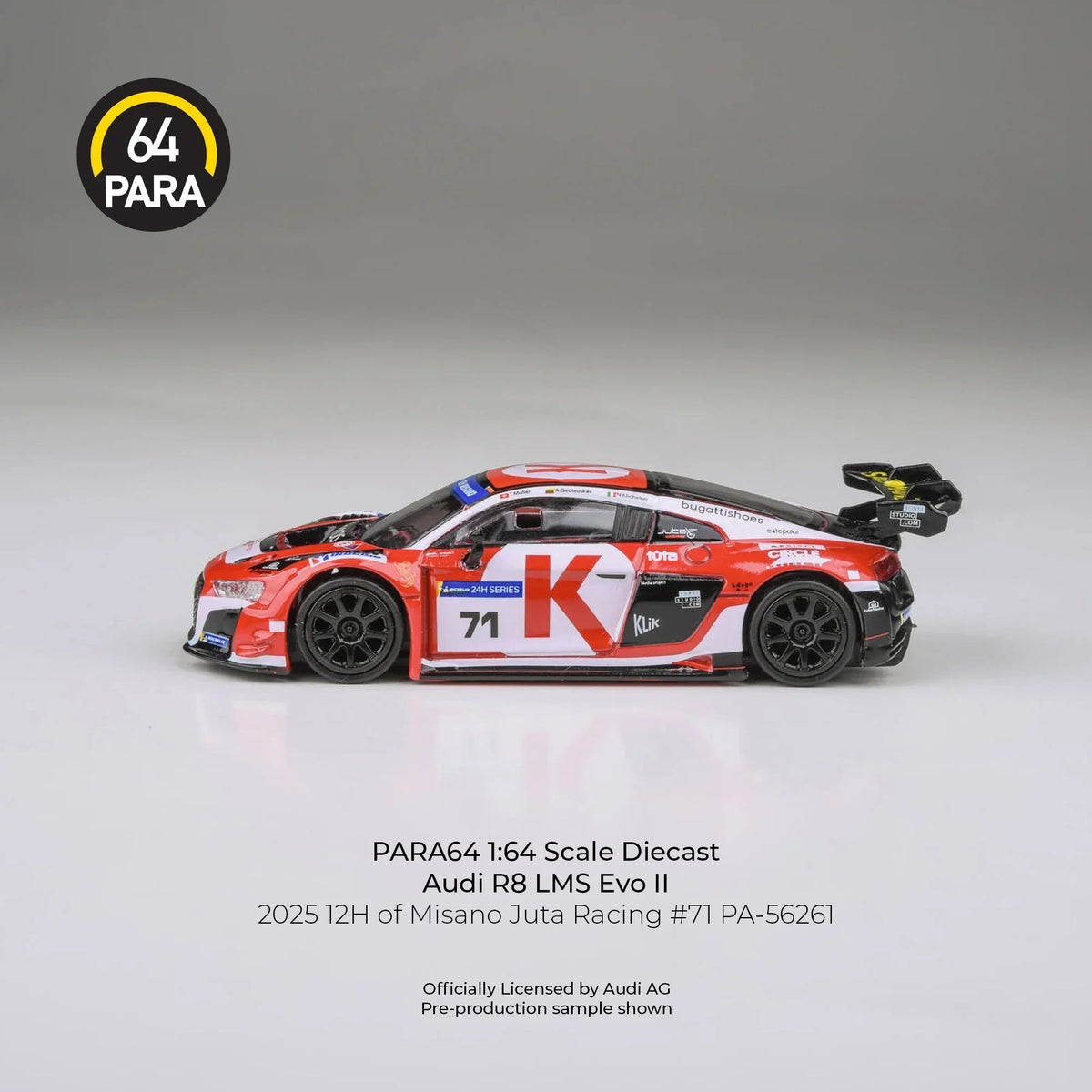Audi R8 LMS Evo 2025 12H of Misano Juta Racing #71, 1:64 Scale (White & Red) — image 1