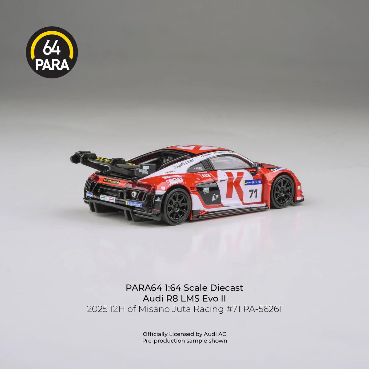 Audi R8 LMS Evo 2025 12H of Misano Juta Racing #71, 1:64 Scale (White & Red) — image 3