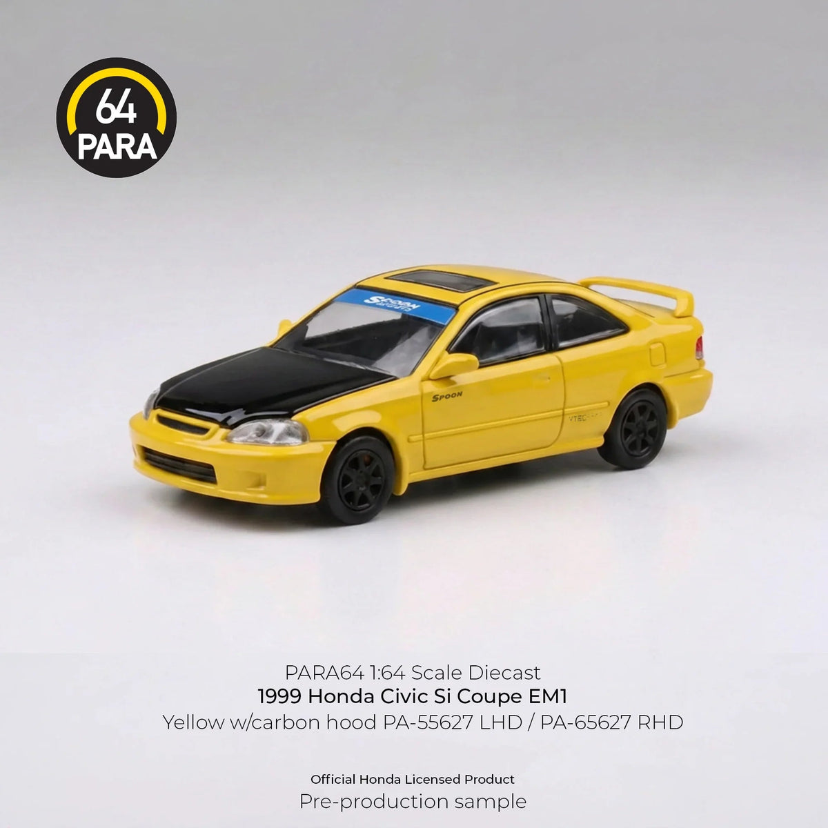 *PRE-ORDER* Honda Civic Coupe EM1 Yellow with Carbon hood 1999, 1:64 Scale — image 1