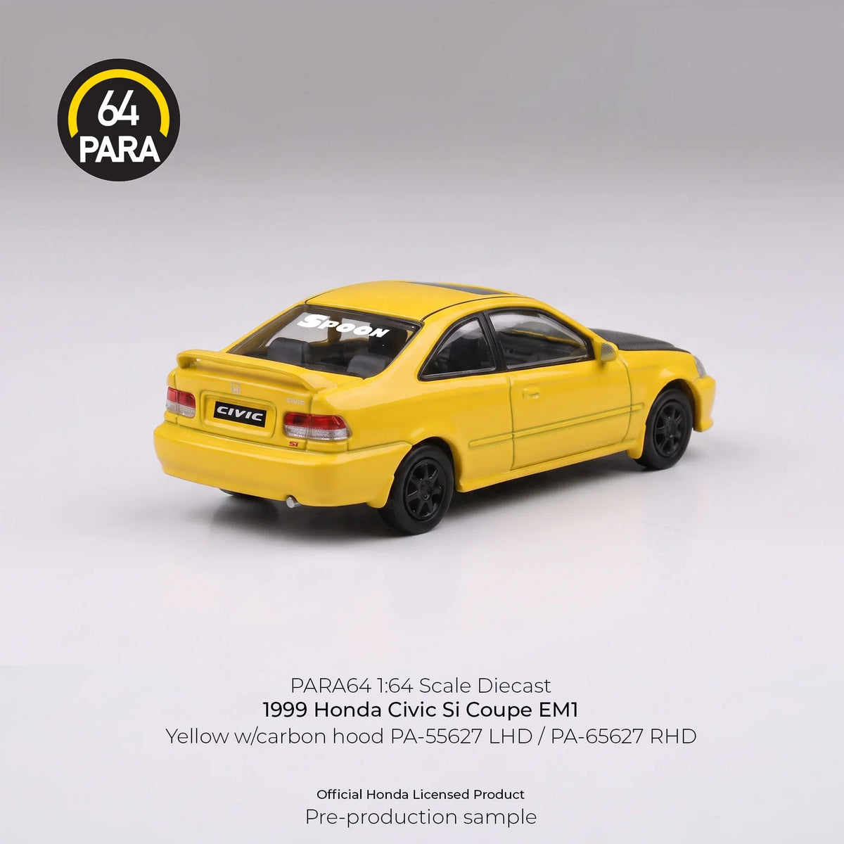 *PRE-ORDER* Honda Civic Coupe EM1 Yellow with Carbon hood 1999, 1:64 Scale — image 2