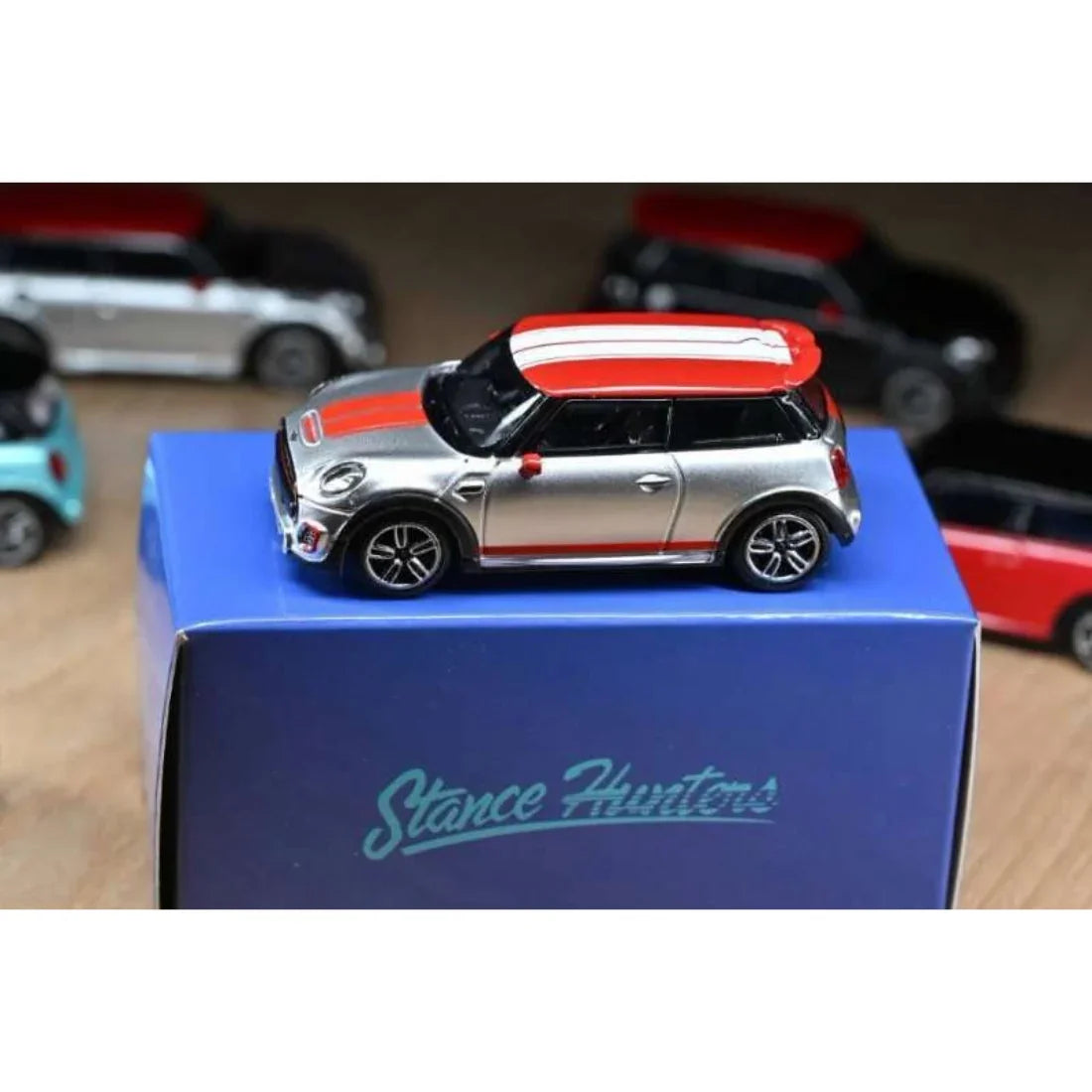 Mini Cooper Silver with Red Roof Top (White & Red Stripes), 1:64 Scale — image 1