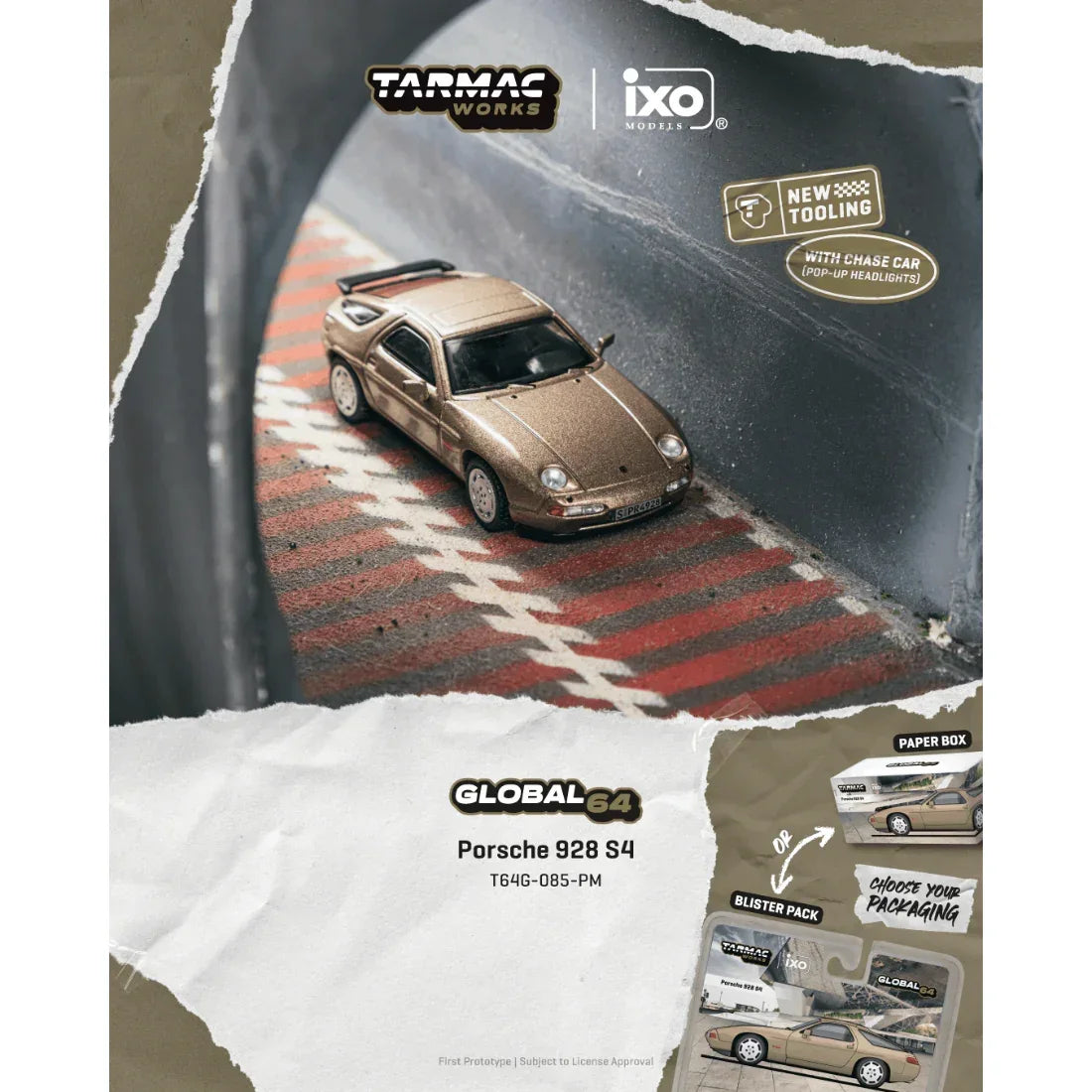 *PRE-ORDER* Porsche diecast 928 S4 Chance of Chase Car (with Pop-Ip Head-Lights), 1:64 Scale (Platinum Metallic) — image 1