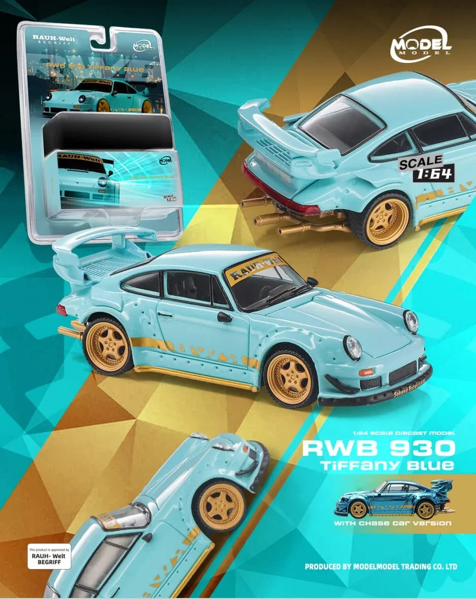 *PRE-ORDER* Porsche diecast RWB 930 GT Wing Tiffany Blue (Chance of Chase Car), 1:64 Scale — image 1