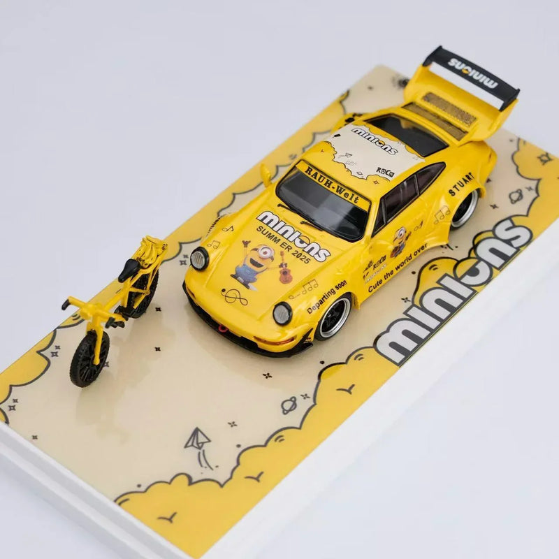 Porsche diecast 911 (993) RWB Minions Cartoon Livery with Bicycle Included, 1:64 Scale (Yellow) — image 1
