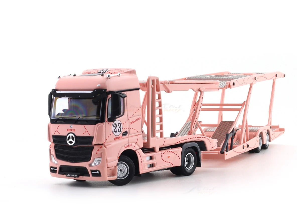 Mercedes-Benz Actros Double Axle Towing Truck - Pink Pig - Right-Hand Drive (Includes 1:64 Honda Fit Model Car with Matching Livery), 1:64 Scale — image 1