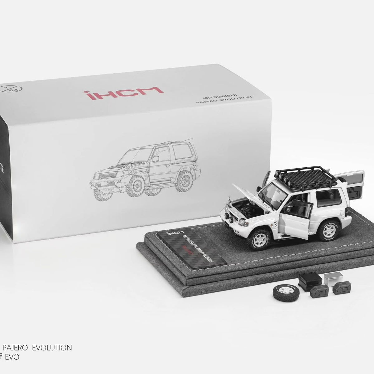 *Pre-Orders* Mitsubishi Licensed Products - Pajero Evolution V55 (Open-Engin & Rear Hoods+Doors, Visible Engine), 1:64 Scale (White) — image 1
