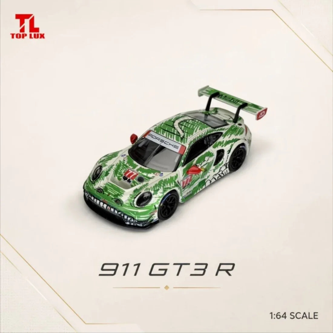 *PRE-ORDER* Porsche diecast 911 GT3 R #77 Livery Jungle Camo, 1:64 Scale (Green) — image 1