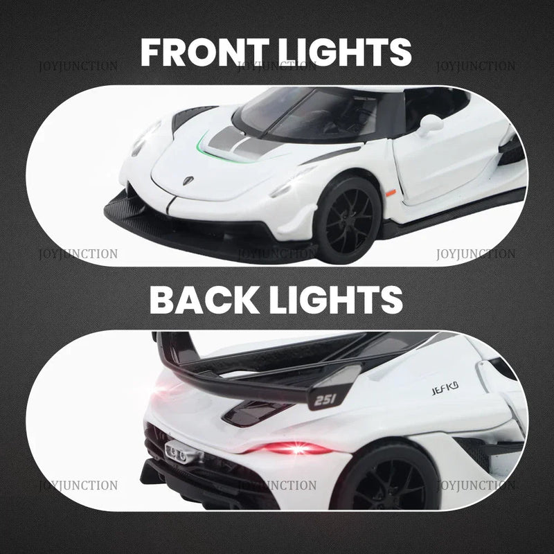Koenigsegg Jesko Pullback Toy Car - Light, Sound with Openable Doors, 1:32 Scale (White) — image 2