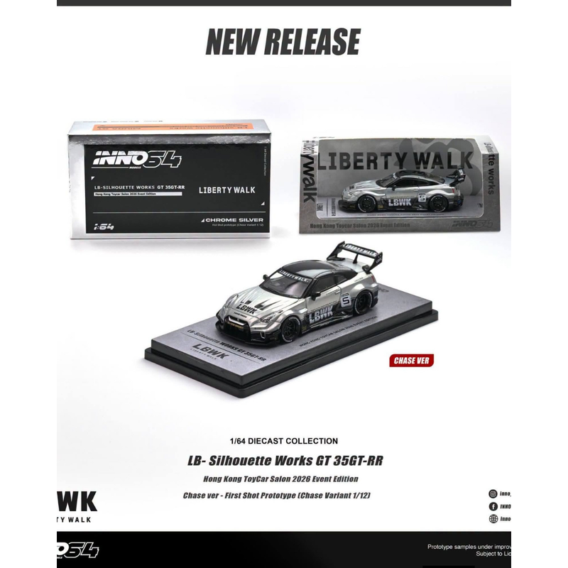 *HKTCS 2026* LB-Silhouette Works GT 35GT-RR Silver Chrome (Chance of Chase Car), 1:64 Scale — image 1