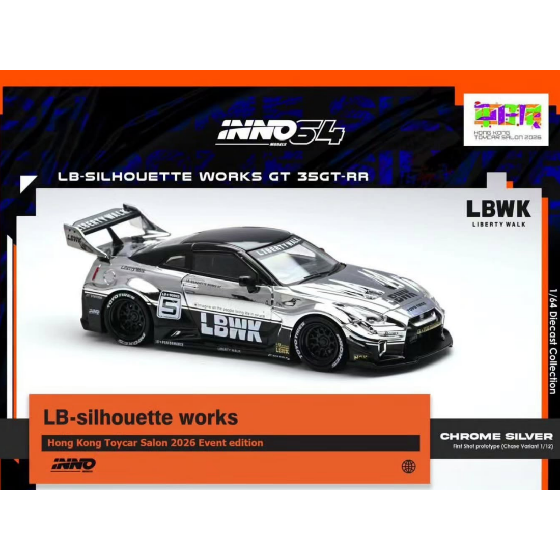 *HKTCS 2026* LB-Silhouette Works GT 35GT-RR 2026 (Chance of Chase Car), 1:64 Scale (Chrome Silver) — image 1