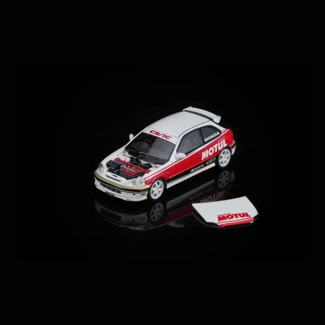 *PRE-ORDER* Honda Civic TYPE R (EK9) Customized Motul Livery Magnetic Engine Hood-Removable, 1:64 Scale (White) — image 1