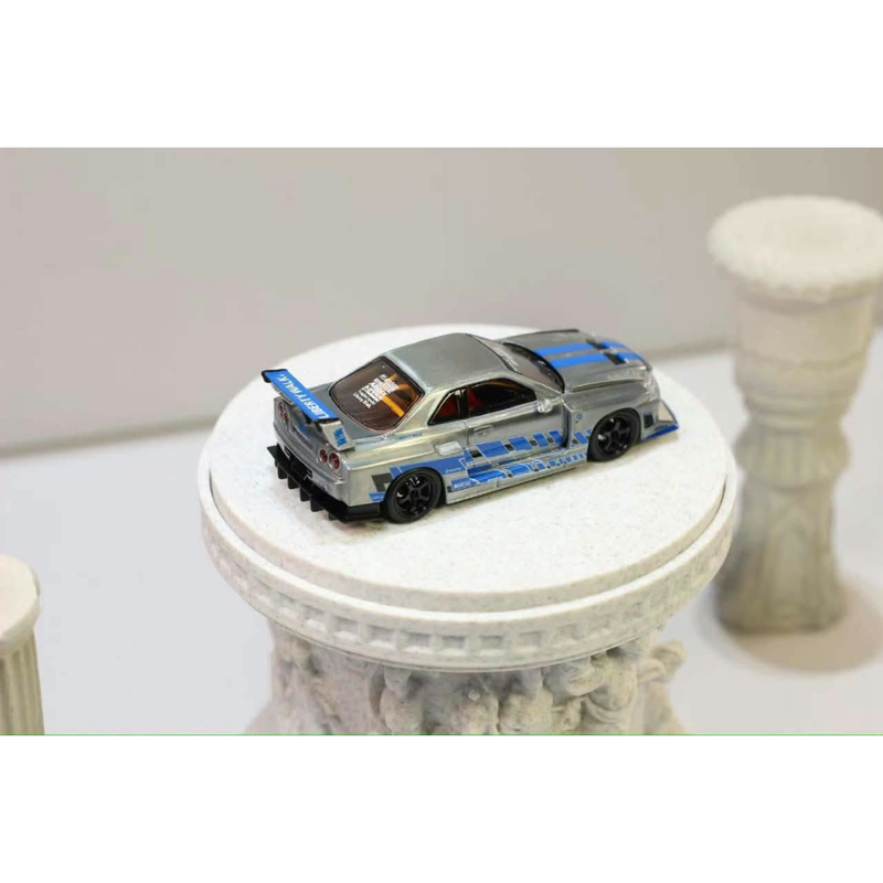 *PRE-ORDER* Nissan Skyline R34，ER34 Super Silhouette (Open-Hood, Visible Engine) Raw Silver-Blue, 1:64 Scale — image 2