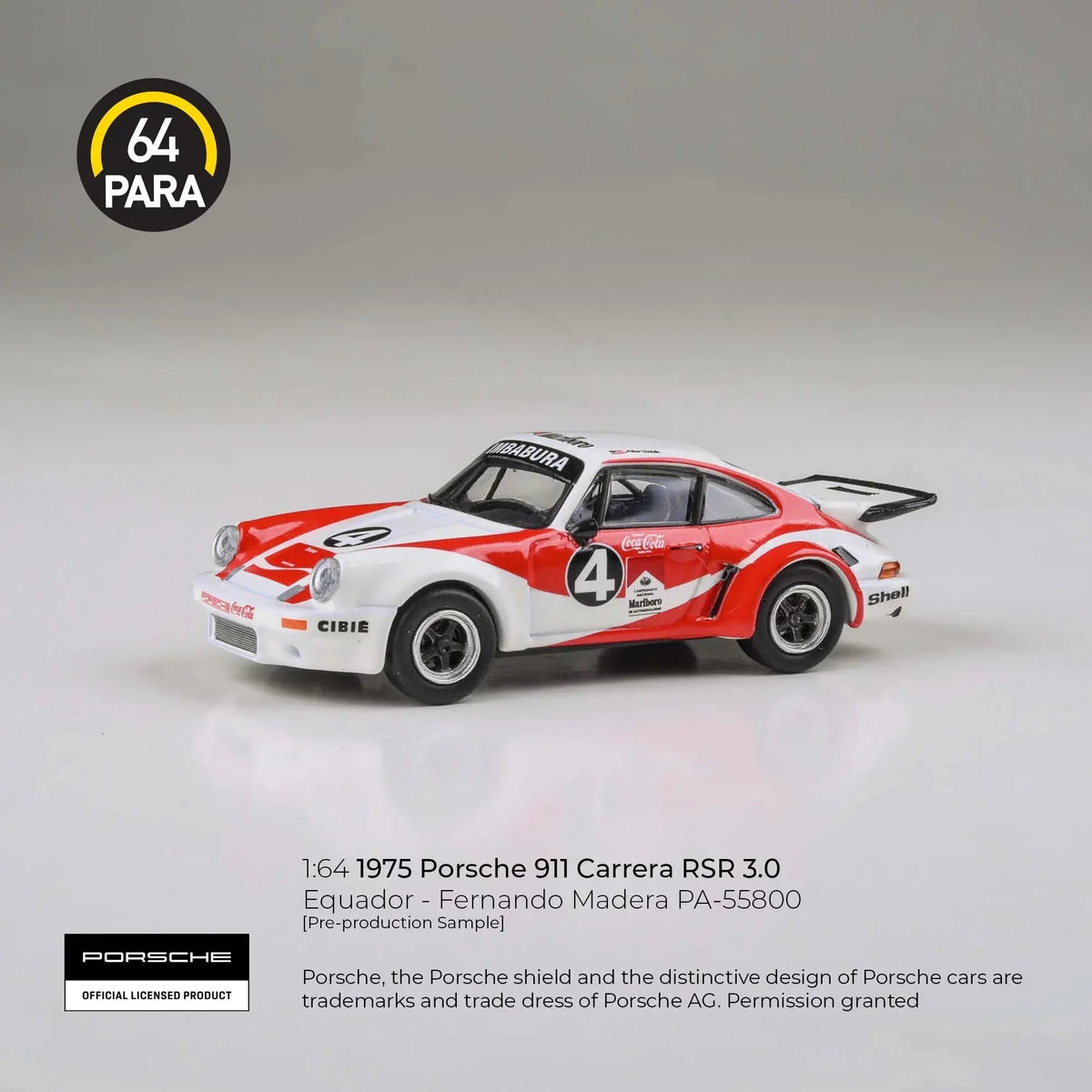 Porsche diecast 911 Carrera RSR 3.0 Equador - Fernando Madera 1976, 1:64 Scale (White & Red) — image 1