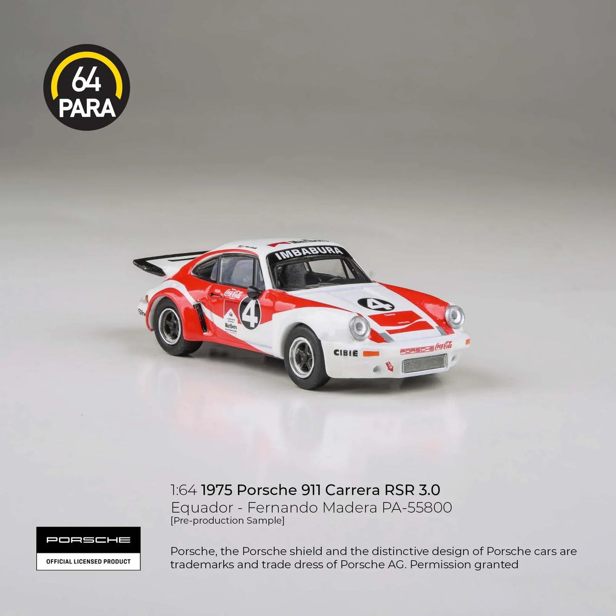Porsche diecast 911 Carrera RSR 3.0 Equador - Fernando Madera 1976, 1:64 Scale (White & Red) — image 4