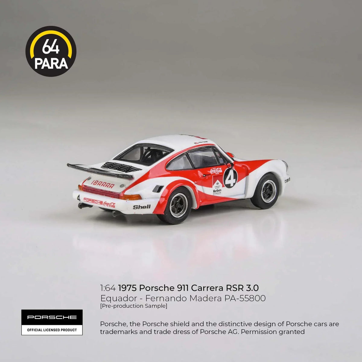 Porsche diecast 911 Carrera RSR 3.0 Equador - Fernando Madera 1976, 1:64 Scale (White & Red) — image 3