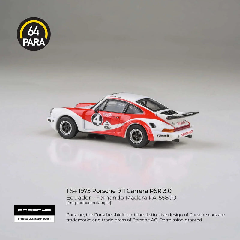 Porsche diecast 911 Carrera RSR 3.0 Equador - Fernando Madera 1976, 1:64 Scale (White & Red) — image 2