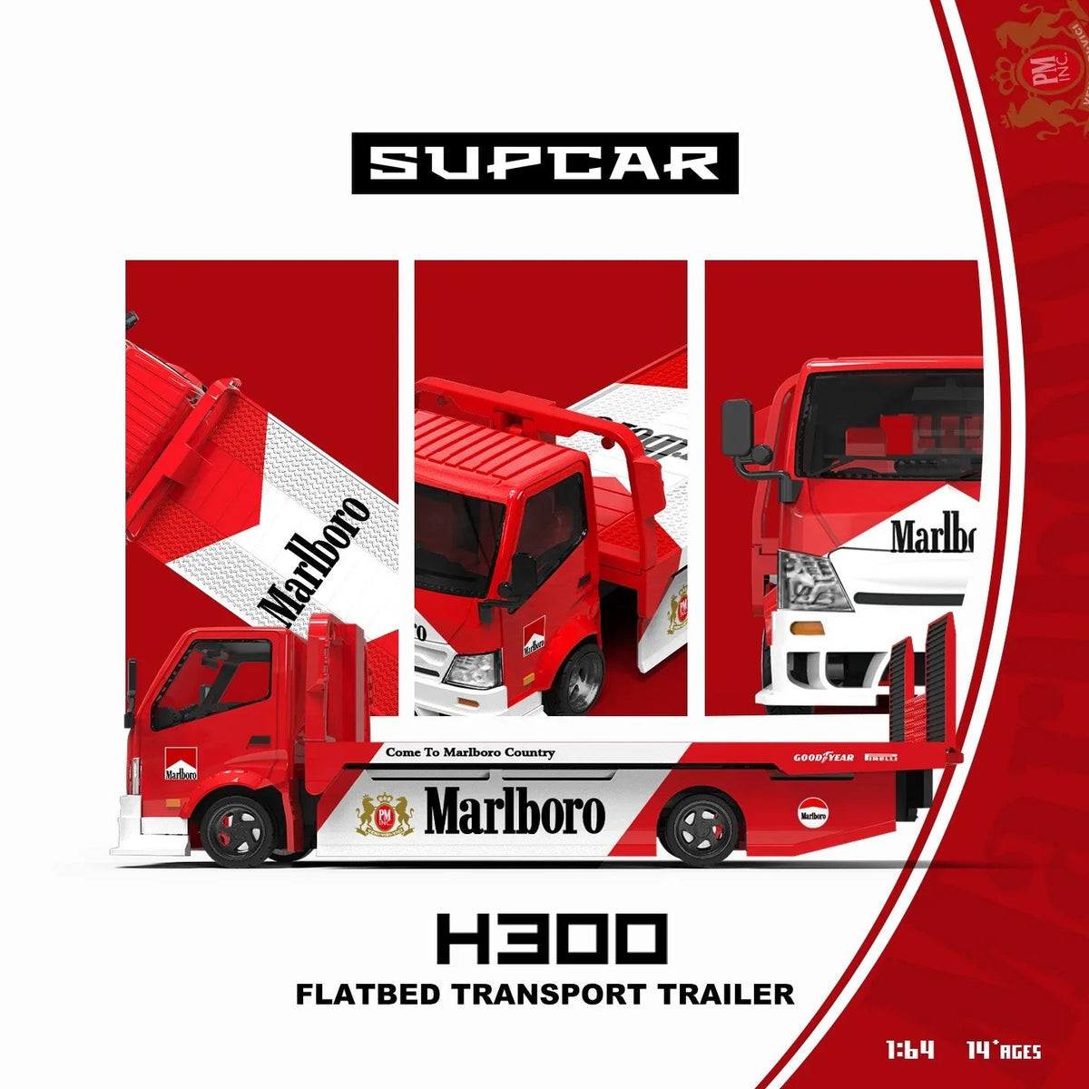 *PRE-ORDER* SUPCAR H300 Flatbed Transport Trailer - Marlboro Painted, 1:64 Scale — image 1