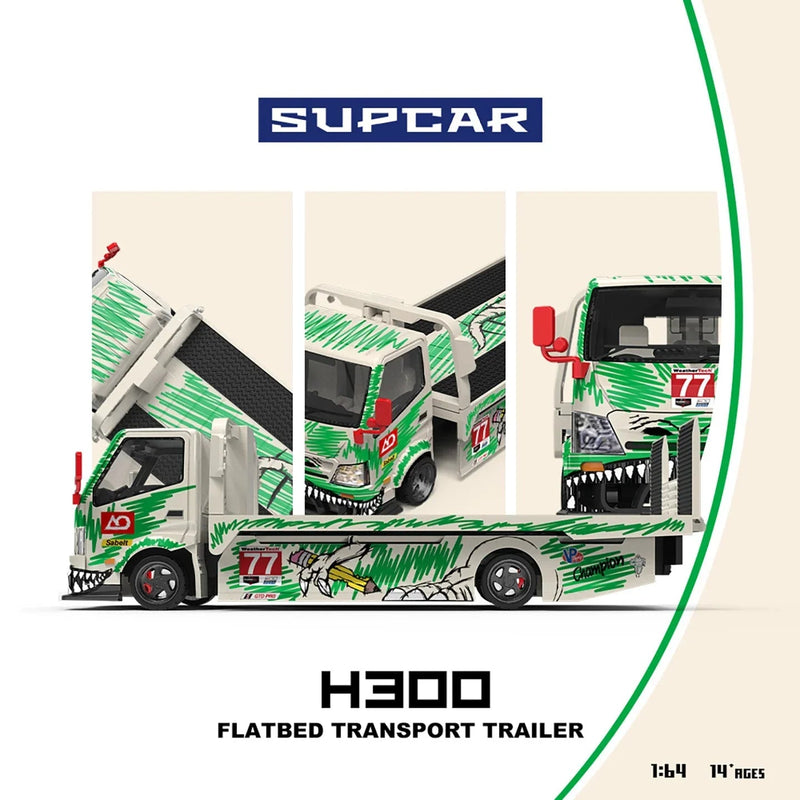 *PRE-ORDER* SUPCAR H300 Flatbed Transport Trailer - Model 77 - White and Green Graffiti Green Dinosaur Painted, 1:64 Scale — image 1