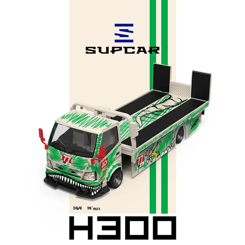 *PRE-ORDER* SUPCAR H300 Flatbed Transport Trailer - Model 77 - White and Green Graffiti Green Dinosaur Painted, 1:64 Scale — image 2