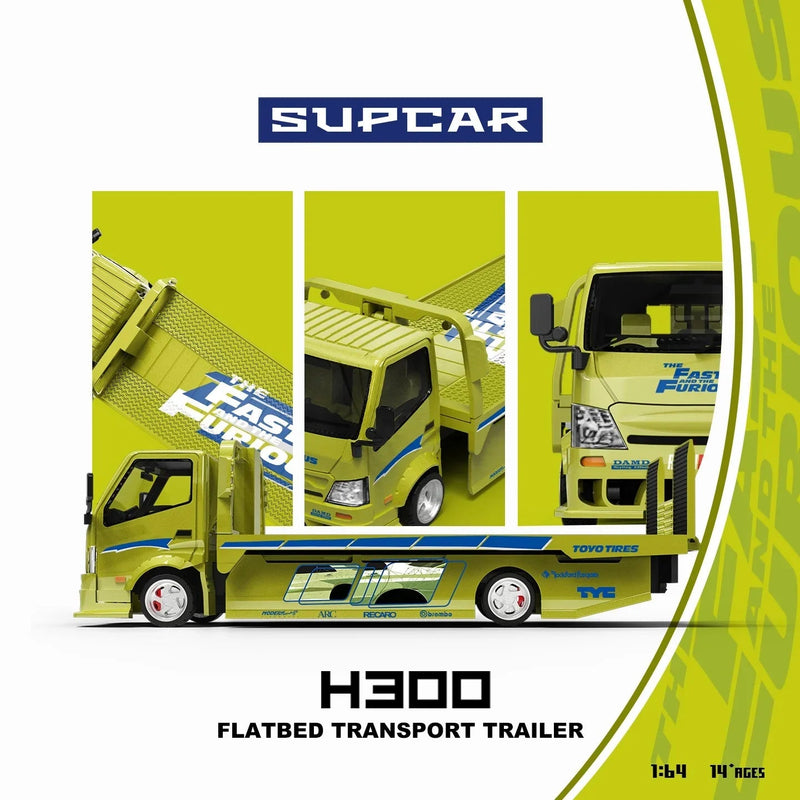 *PRE-ORDER* SUPCAR 1:64 H300 Flatbed Transport Trailer - Fast and Furious Lime Yellow Painted, 1:64 Scale — image 1