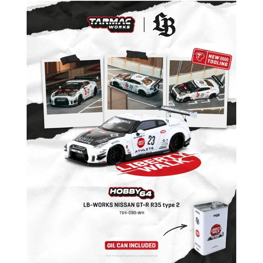 NISSAN GT-R R35 Type 2 With Metal Oil Can Packaging, 1:64 Scale (White) — image 1