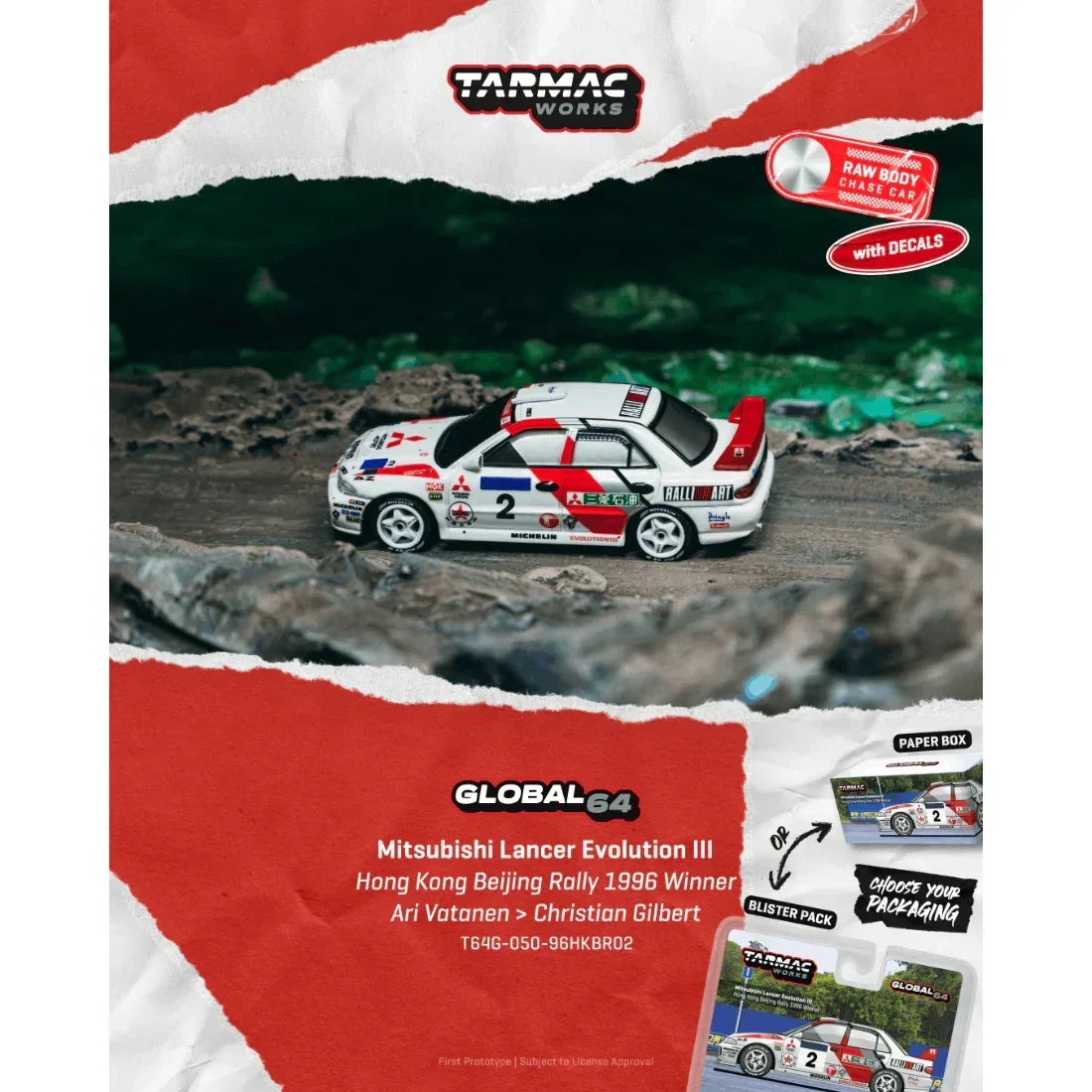*PRE-ORDER* Mitsubishi Lancer Evolution III Hong Kong Beijing Rally Winner Ari Vatanen / Christian Gilbert (Chance of Chase Car) 1996, 1:64 Scale — image 1