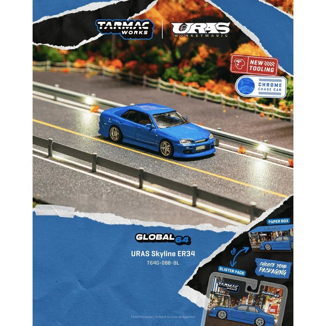 *PRE-ORDER* URAS Skyline ER34 Chance of Chase Car, 1:64 Scale (Blue) — image 1