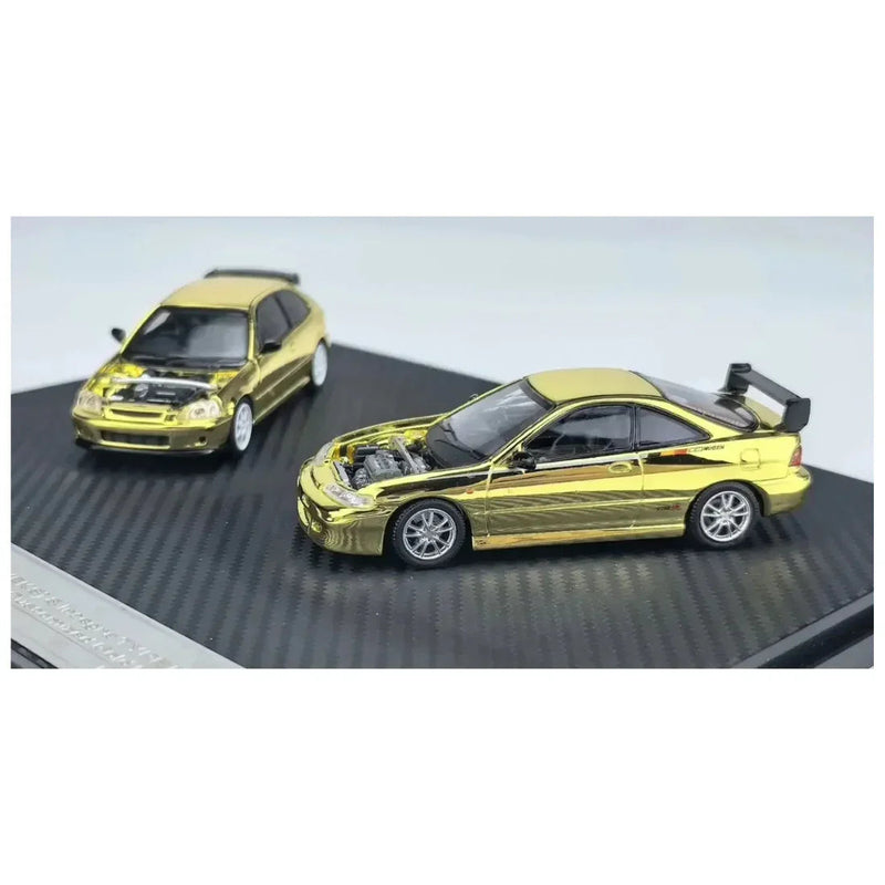 *TDE 2026* Honda Civic Type R (EK9) & Integra Type R (Mugen) Twin Set (Limited to 299 Sets), 1:64 Scale (Gold Chrome) — image 1