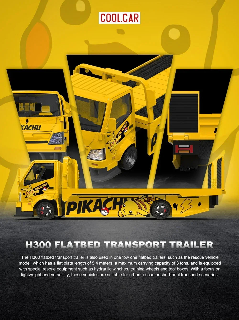 *PRE-ORDER* Cool Car H300 Flatbed Transport Trailer (Pikachu Painted), 1:64 Scale — image 1