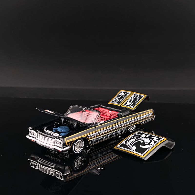 *PRE-ORDER* Chevrolet Impala Lowrider Black-Gold Livery (Open-Engin Hood & Rear Hood, Visible Engine.Assemble Top), 1:64 Scale — image 1