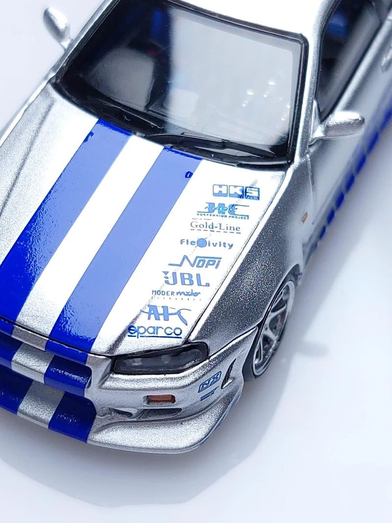 Nissan GTR R34 (Limited to 999pcs) Silver with Blue Lines, 1:64 Scale — image 2