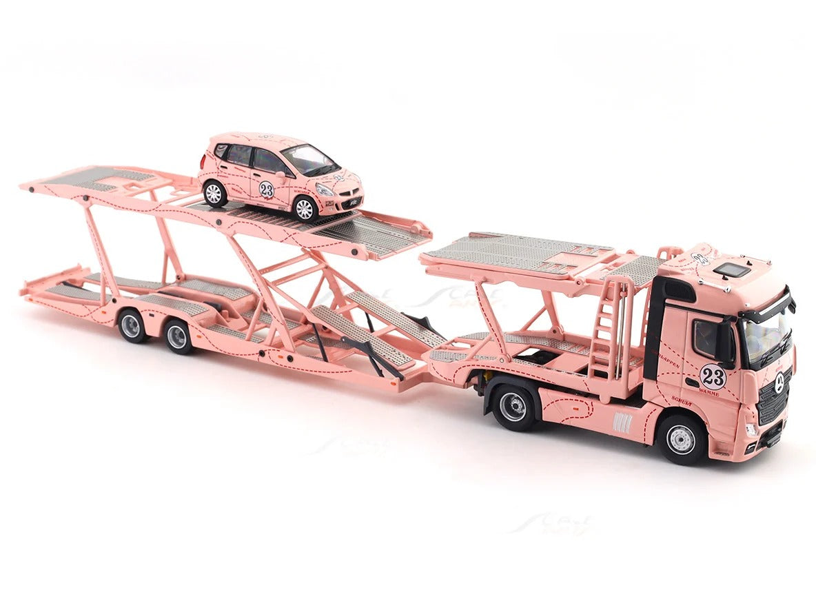Mercedes-Benz Actros Double Axle Towing Truck - Pink Pig - Right-Hand Drive (Includes 1:64 Honda Fit Model Car with Matching Livery), 1:64 Scale — image 7