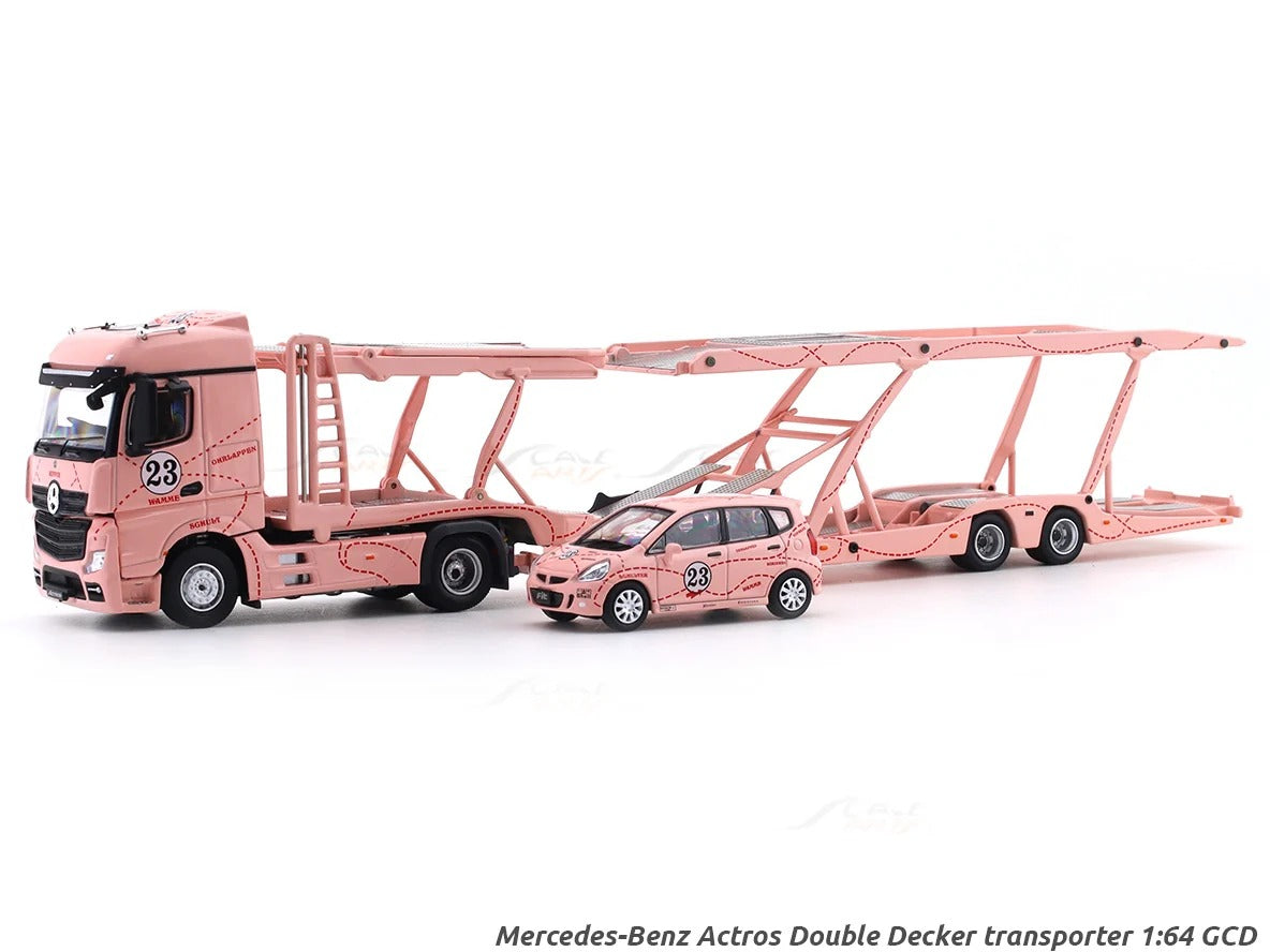 Mercedes-Benz Actros Double Axle Towing Truck - Pink Pig - Right-Hand Drive (Includes 1:64 Honda Fit Model Car with Matching Livery), 1:64 Scale — image 2