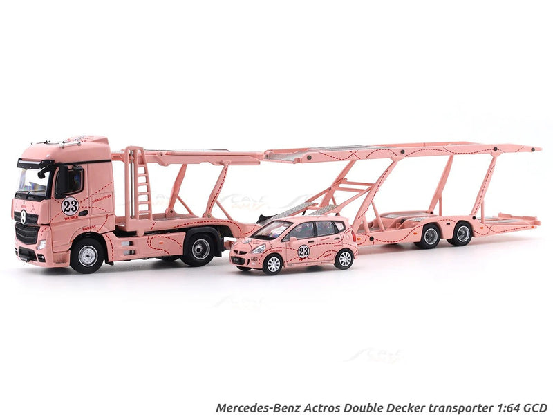 Mercedes-Benz Actros Double Axle Towing Truck - Pink Pig - Right-Hand Drive (Includes 1:64 Honda Fit Model Car with Matching Livery), 1:64 Scale — image 2